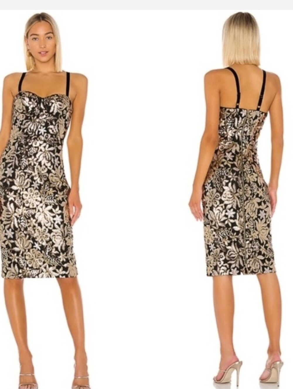 Bronx & Banco Louise Midi Dress - Gold & Silver Floral Sequin - Size Medium (US